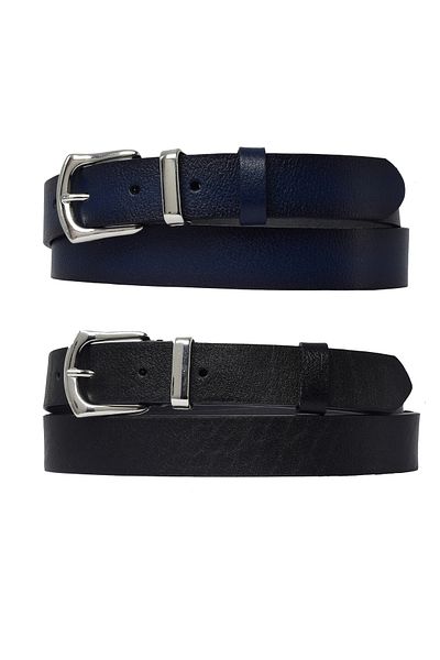 GoDeri Cataramă argintie din piele naturală 100%, pod metalic set de 2 curele de damă negru, bleumarin, 3 cm=2buc-kd-41