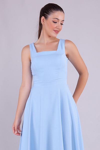 lovebox Dámské šaty Atlas Fabric čtvercový límec s tlustým popruhem navržený Maxi Délka Baby Blue Šaty 413