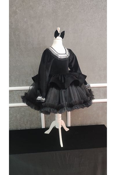 NGS STİL Black Velvet Long Sleeve Ruffle Dress with Skirt
