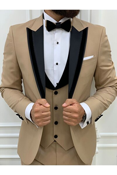 LONATOLİA Erkek Smokin Damatlık Sim Detaylı Kırlangıç Yaka İtalyan Kesim Slim Fit Ceket Yelek Pantolon Papyon