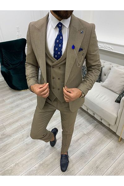 LONATOLİA Men's Suit Swallow Collar Italian Cut Slim Fit Jacket Vest Trousers-Milk Coffee