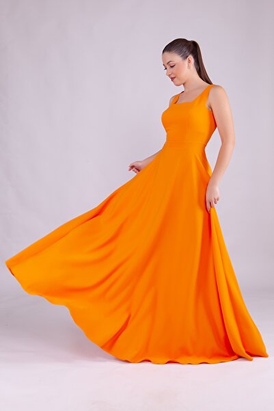 bayansepeti Atlas Kumaş Kare Yaka Kalın Askılı Maxi Turuncu Abiye Elbise 413