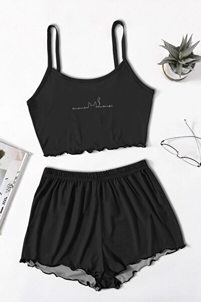 PEMBİŞ HOMEWEAR Blacked Cat Suspender Shorts Set
