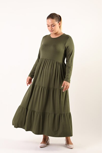 SENTEX rochie verde pentru femei cu mâneci lungi, cu 3 straturi de volane