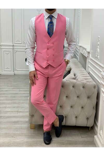 LONATOLİA Erkek Takım Elbise Kırlangıç Yaka İtalyan Kesim Slim Fit Ceket Yelek Pantolon