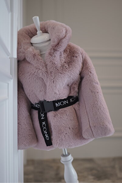 mon icone Kız Çocuk Pembe Astarlı Kadife Kürk Yumuşacık Peluş Kaban Parka