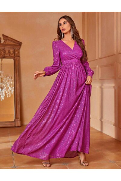 Styling Park Pul Payet V Yaka Uzun Kol Maxi Abiye Elbise