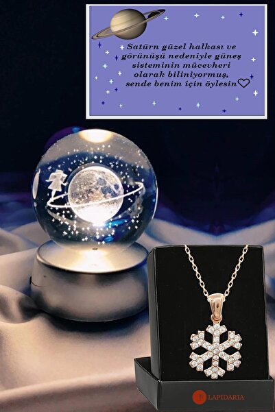 Lapidaria Satürn Temalı Işıklı 3d Led Işıklı Cam Küre Ve Kar Tanesi Kolye