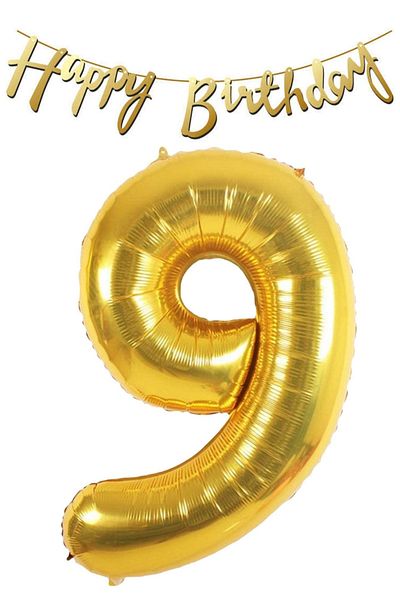 ELGALA Happy Birthday Written Pennant and Number 9 Foil Balloon
