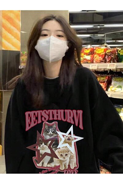 Tarzsokak Mektup ve Kedi Desenli Düşük Omuz Büyük Beden Sweat Siyah