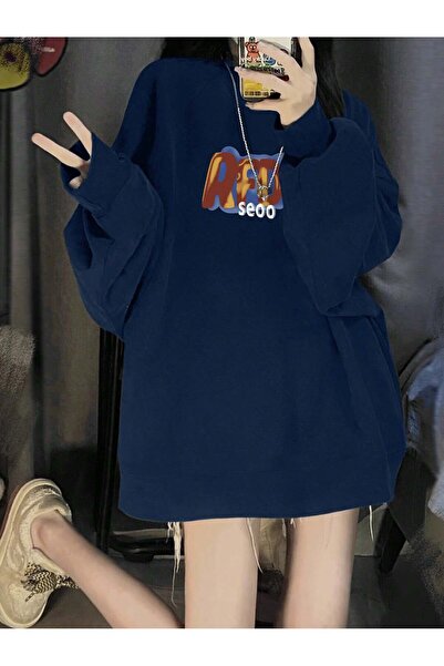 Tarzsokak Γραφικό σχέδιο με γράμματα, off-shoulder, oversize, μπλε ναυτικό