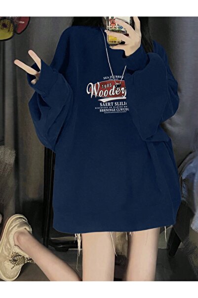 Tarzsokak Hanorac supradimensionat cu grafică cu litere, fără umeri, bleumarin