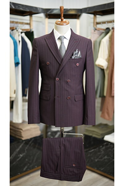 LONATOLİA Erkek Kruvaze Çizgili Takım Elbise İtalyan Kesim Slim Fit Ceket Pantolon-Bordo