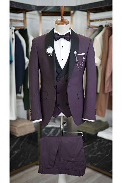 LONATOLİA Erkek Smokin Damatlık İtalyan Kesim Slim Fit Ceket Yelek Pantolon-Mor