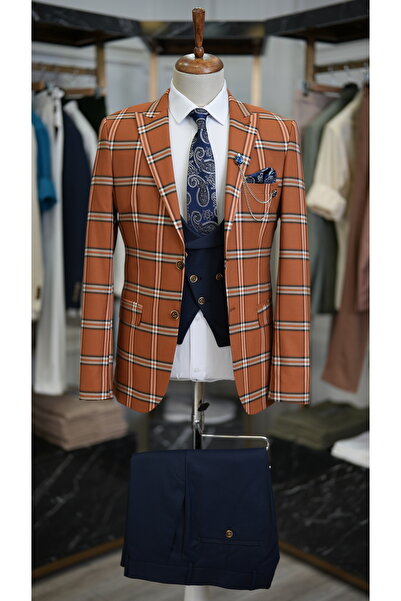 LONATOLİA Erkek Takım Elbise Kombinli İtalyan Kesim Slim Fit Ceket Yelek Pantolon-Kiremit