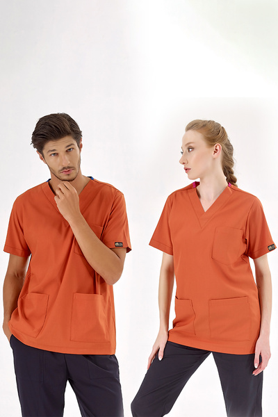 ÇİZGİ MEDİKAL Kiremit Likralı Tek Üst Unisex Kalıp Hemşire Forması Doktor Önl...