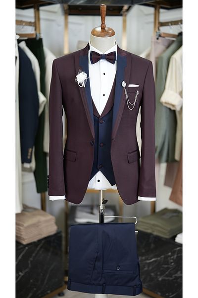 LONATOLİA Men's Tuxedo Groom Suit Italian Cut Slim Fit Jacket Vest Trousers-Burgundy