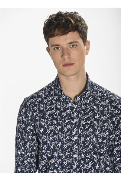 People By Fabrika Klasik Yaka Regular Fit Çiçek Desenli Lacivert Erkek