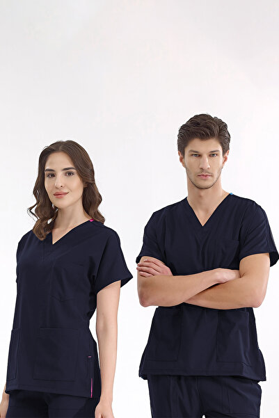 ÇİZGİ MEDİKAL Lacivert Likralı Tek Üst Unisex Kalıp Hemşire Forması Doktor Ön...