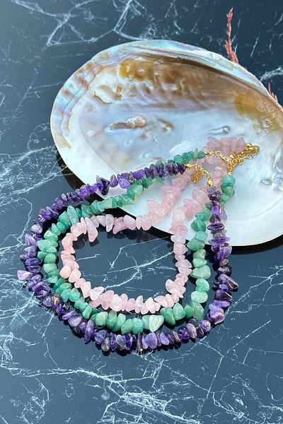 EST Aksesuar Natural Stone Necklace Set 3-Piece Combination (Amethyst, Pink Quartz, Aventurine)