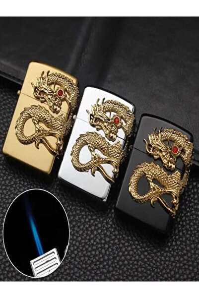 HK GİFT SHOP Özel Ejderha Kabartmalı Özel Tasarım Metal Jet Çakmak