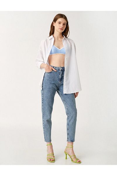 DRC trend Blugi Mom Bawool Albastru Deschis Lycra Talie Înaltă Pantaloni Mom Denim Albastru Spălat Zăpadă