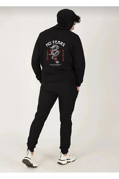 Sky Light Men's Dragon Printed Tracksuit Set Sweatshirt Jogger - Black Printed Oversize Ribbon Hoodie