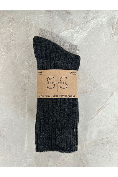Sky Socks Комплект от 2 вълнени кърпи за подметки, зимни, дебели плетени чорапи от агнешка вълна в черно-сиво