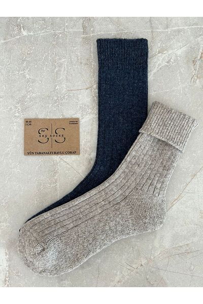 Sky Socks Комплект от 2 вълнени кърпи за подметки, зимни, дебели плетени чорапи от агнешка вълна, тъмносиньо-сиви
