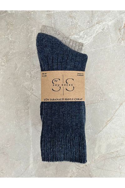 Sky Socks Комплект от 2 вълнени кърпи за подметки, зимни, дебели плетени чорапи от агнешка вълна, тъмносиньо-сиви