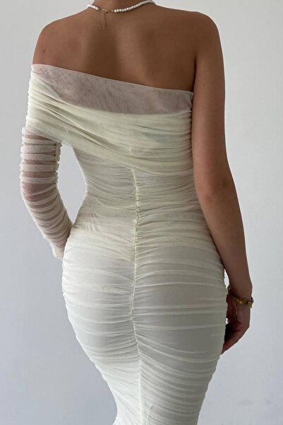 vuvutasarım Podšívaná tylová látka Detail s jedním rukávem Slim Fit Úzký střih Midi délka Bílé večerní šaty 109