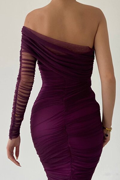 vuvutasarım Podšívaná tylová látka Detail s jedním rukávem Slim Fit Úzký střih Midi délka Fialové večerní šaty 109