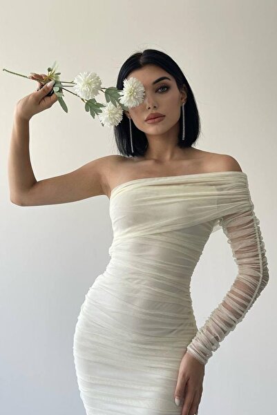 vuvutasarım Podšívaná tylová látka Detail s jedním rukávem Slim Fit Úzký střih Midi délka Bílé večerní šaty 109