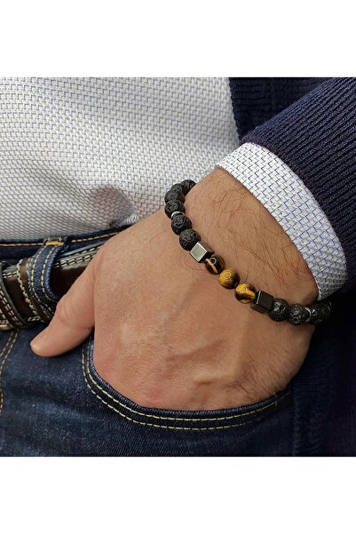 Mıçı إسوارة رجالية فاخرة من الحجر الطبيعي عين النمر - لافا - حجر الهيماتيت