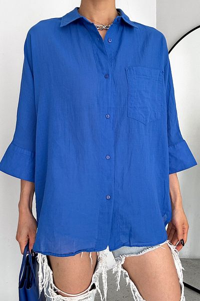 FEMELLE Cămașă oversize din bumbac, cu un singur buzunar, Saks New Season, cu mânecă săracă