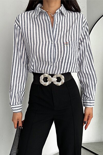 FEMELLE Women's Gray Folding Cufflinks, Slits, Single Pocket, Striped 75% Cotton 25% Linen Shirt