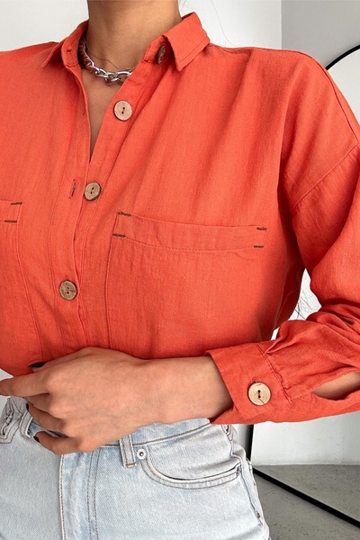 FEMELLE Women's Wooden Button Folding Sleeve Double Pocket Loose Flowy Loose Fit 65% Cotton 35% Linen Shirt