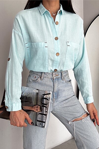 FEMELLE Γυναικείο μανίκι με διπλή τσέπη με διπλή τσέπη με κουμπιά, χαλαρή εφαρμογή, 65% βαμβάκι 35% λινό