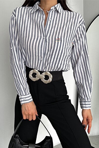 FEMELLE Women's Gray Folding Cufflinks, Slits, Single Pocket, Striped 75% Cotton 25% Linen Shirt