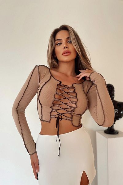 World Fashion Trends wft1518 Καφέ μπλούζα με κορδόνι με αντίθεση