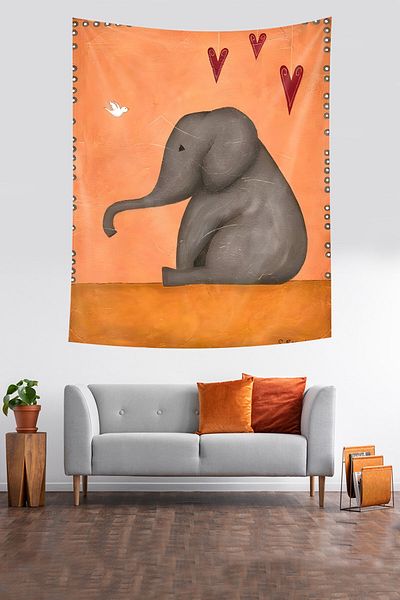 Pelangi Elephant And Bird Stain Resistant Fabric Wall Cover Wall Carpet Tapestry