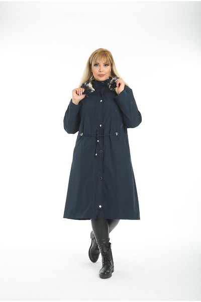 By Alba Collection Women's Long Bondite Fabric Curly Large Size Coat Navy Blue