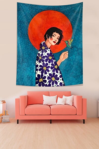 Pelangi Girl Stain-Proof Fabric Wall Carpet Holding a Bird in Her Hand - Tape...