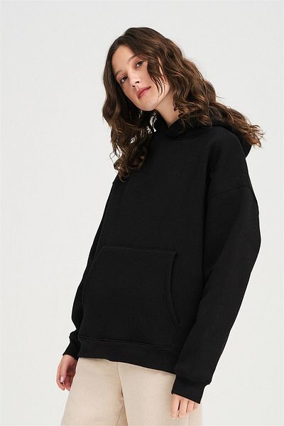 Esbersi Unisex Μαύρο Basic χτενισμένο βαμβακερό φούτερ με τρεις κλωστές
