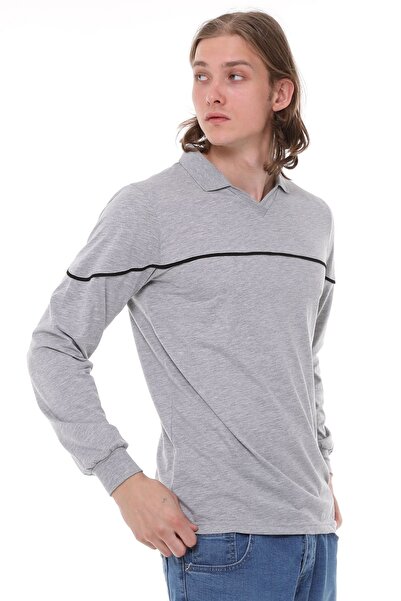 Uniprom Μακρυμάνικο T-Shirt Χτενισμένο Βαμβακερό γιακά Polo 100% Cotton Grey Melange Ανδρικό