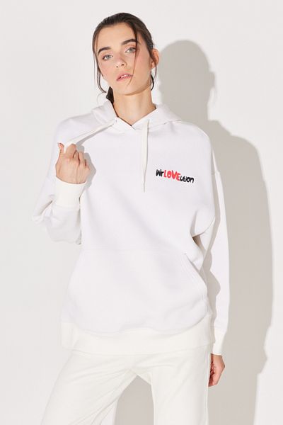 WRANGLER Oversize Fit Wide Cut Hooded Fleece Inside Back Printed Off White Sweatshirt