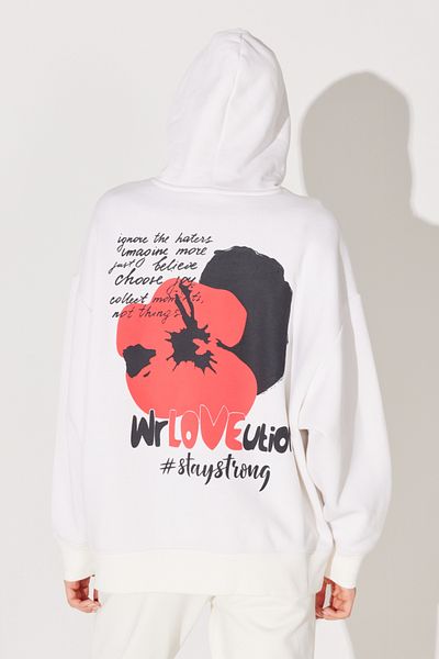 WRANGLER Oversize Fit Wide Cut Hooded Fleece Inside Back Printed Off White Sweatshirt