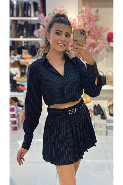 TUĞBALİ Kadın Siyah Renk Çizgili Şort Etek Gömlek Takım
