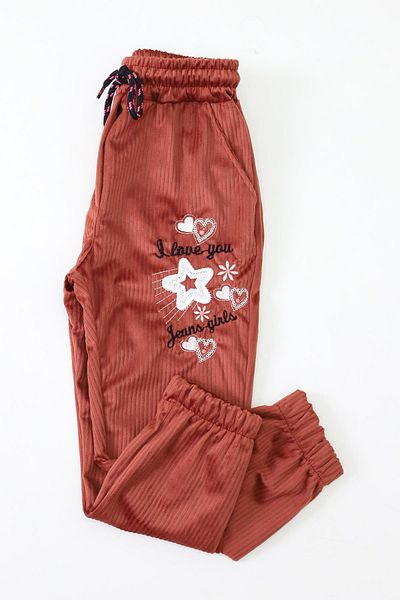 CANBİX Girl's Love Embroidered Velvet Trousers
