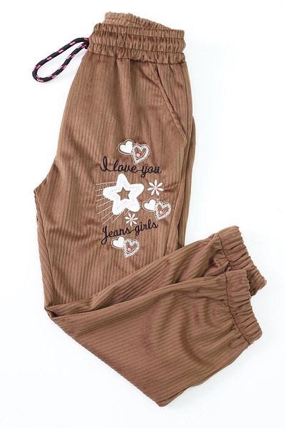 CANBİX Girl's Love Embroidered Velvet Trousers